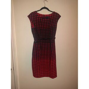 Connected Apparel Red Black Polka Dot Sheath Dress Belted Cap Sleeve Size 10